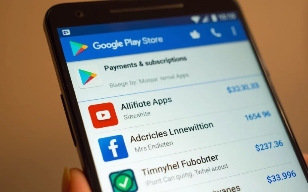 Android phone screen showing Google Play account menu with purchase history and charges listed