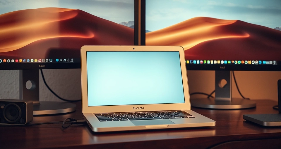 MacBook Air connected to two external displays on a work desk