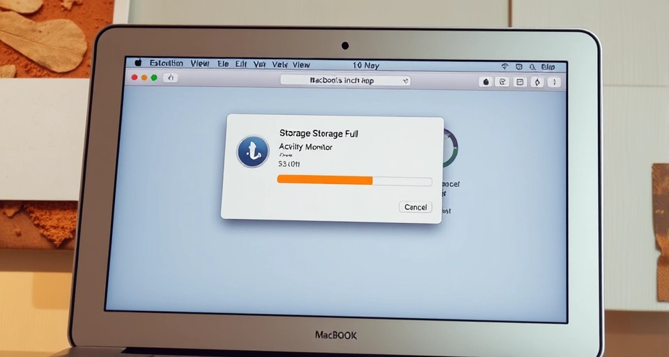 MacBook Air screen displaying storage warning and memory usage indicators