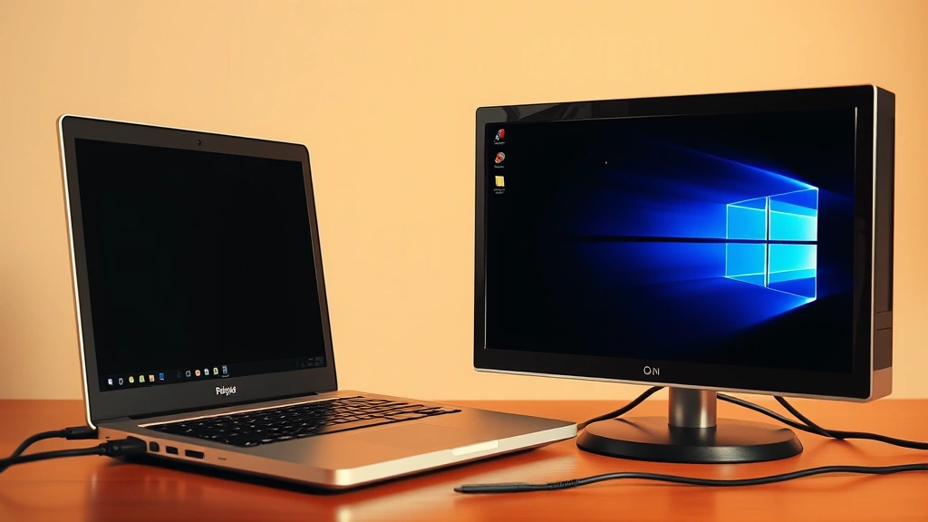 Laptop with black internal screen connected to external monitor showing working display