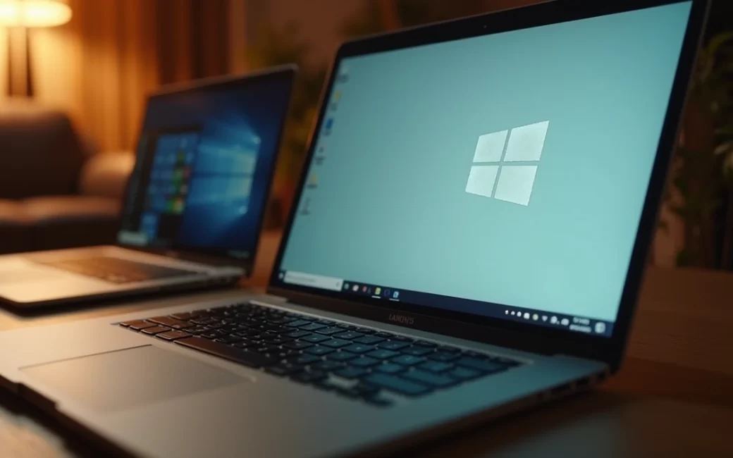 OLED laptop screen with visible taskbar burn-in ghost image beside an undamaged LCD screen