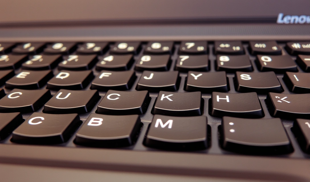 ThinkPad keyboard detail with red pointing stick between keys