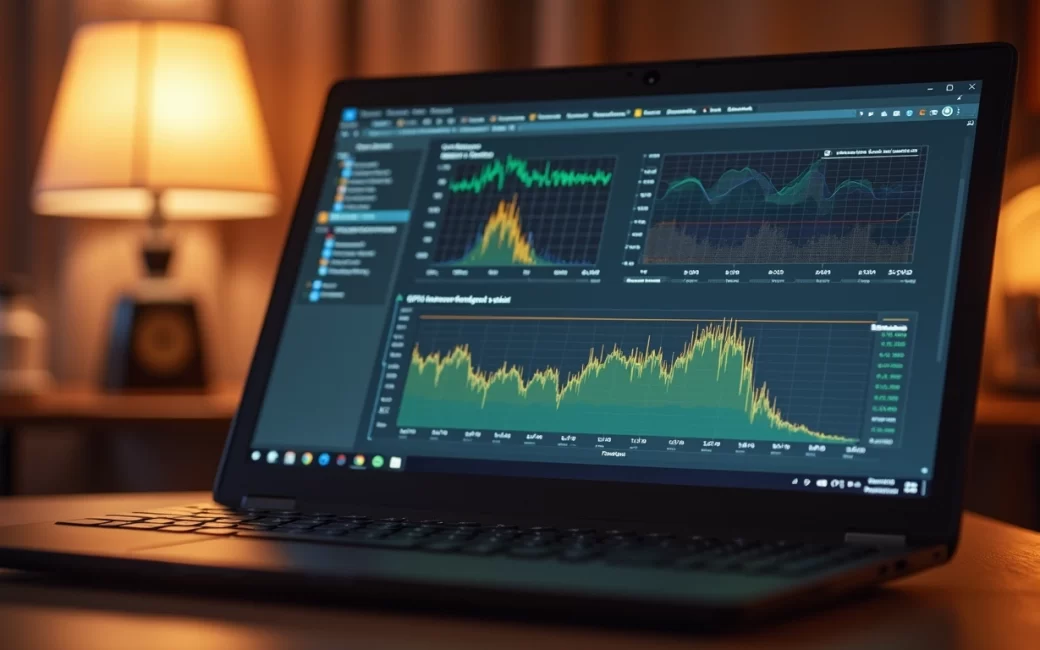 ThinkPad laptop with Task Manager open showing system resource usage graphs
