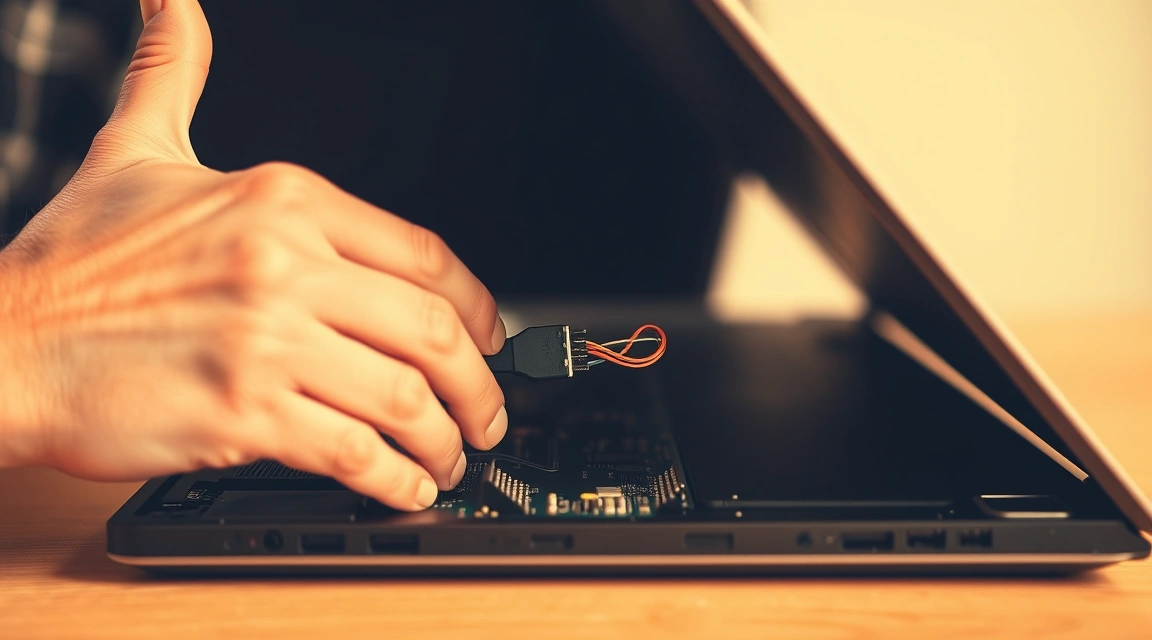 Internal laptop repair showing display cable being reconnected to motherboard