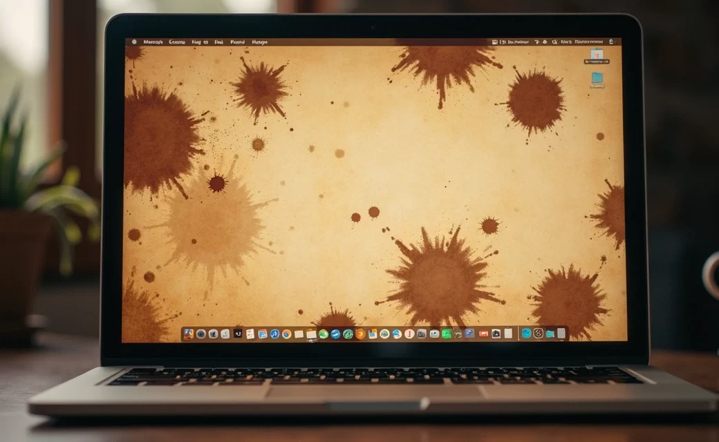 Laptop screen with several dark spots and discolored patches visible on the surface