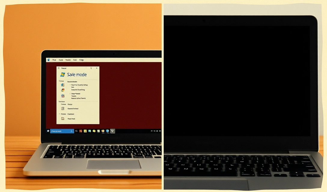Laptop Safe Mode desktop compared to black screen in normal boot.